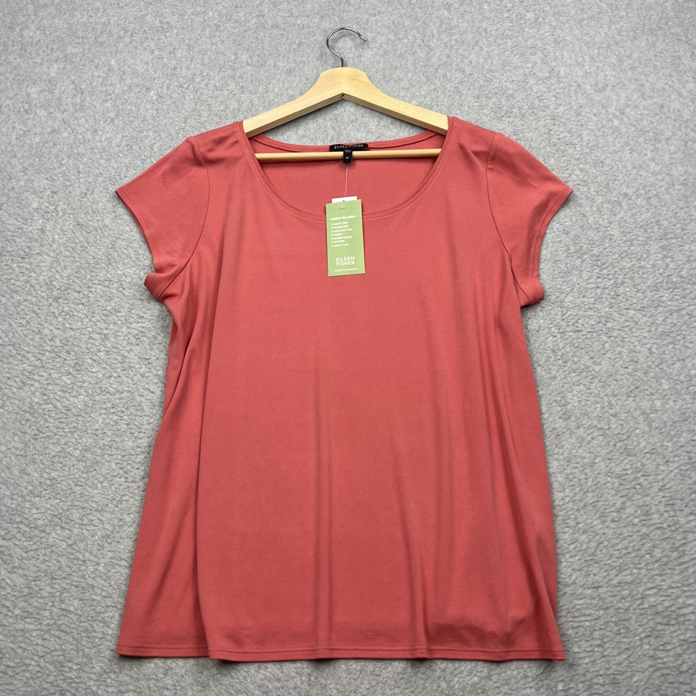 NEW Eileen Fisher Shirt Womens XL Coral Scoop Cap Sleeve Stretch Silk Jersey Tee